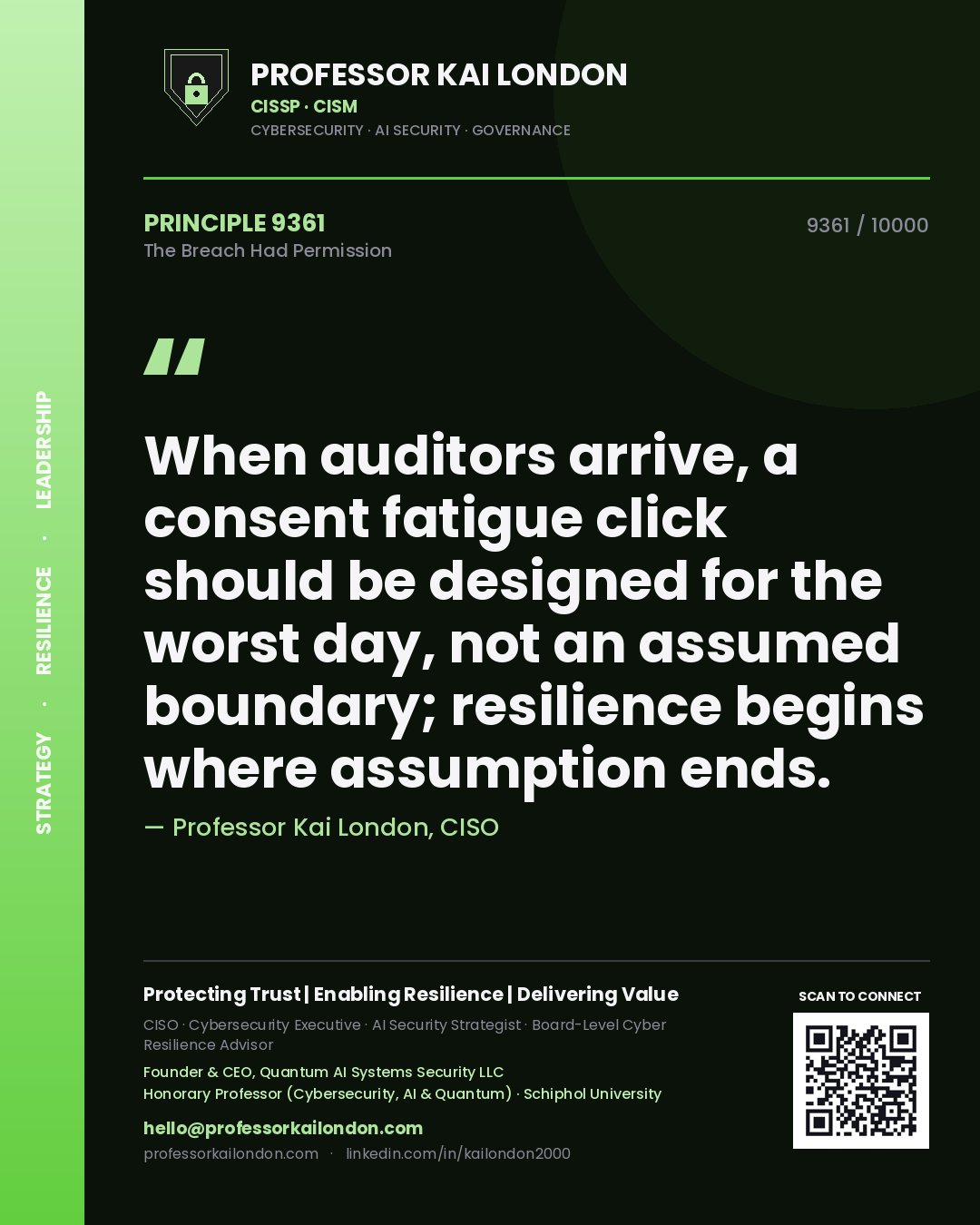 Professor Kai London principle 9361: When auditors arrive, a consent fatigue click should be designed for the worst day, not an assumed boundary; resilience begins where assumption ends.