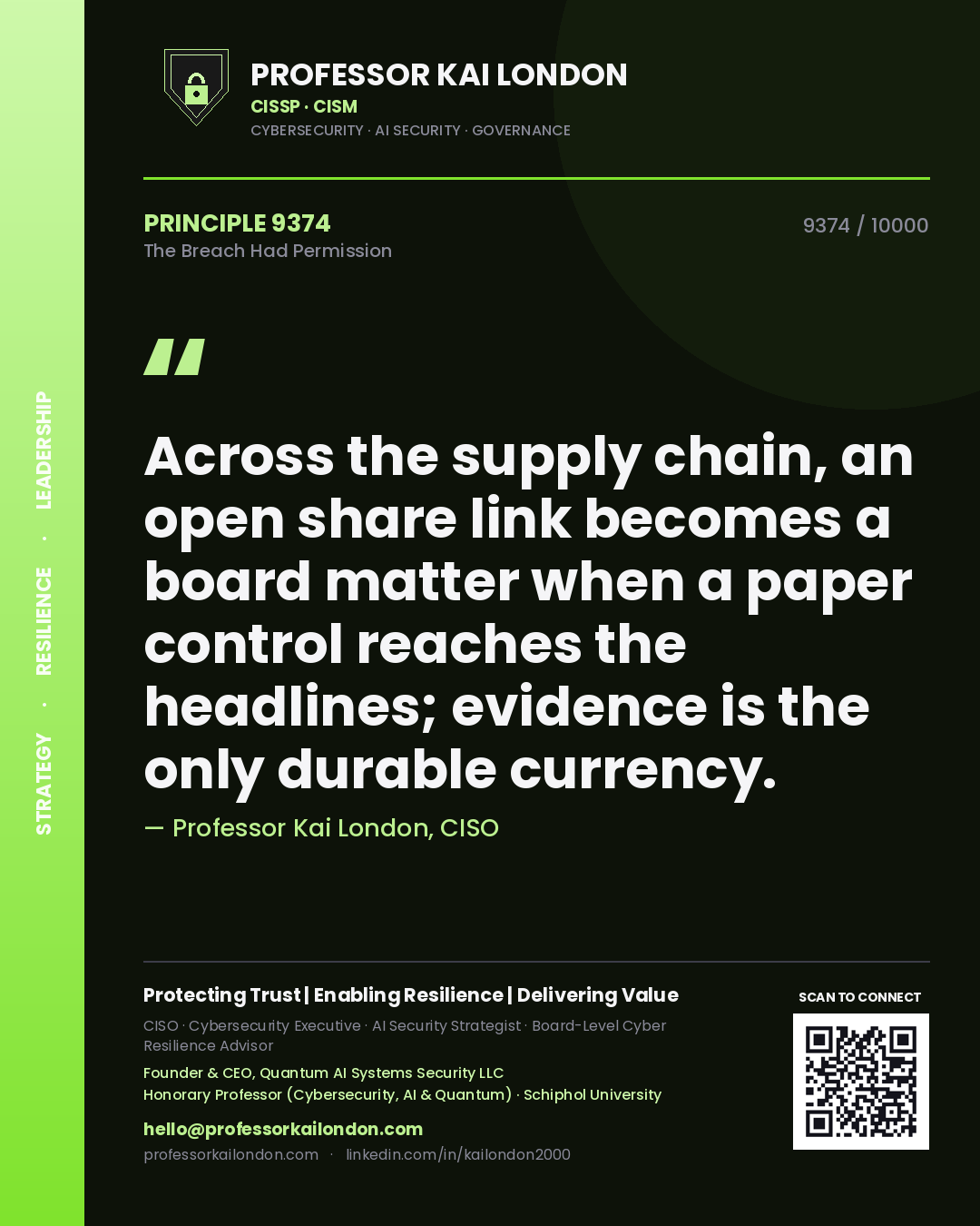Quote card by Professor Kai London reading 'Across the supply chain, an open share link becomes a board matter when a paper control reaches the headlines; evidence is the only durable currency.'. From the book The Breach Had Permission.
