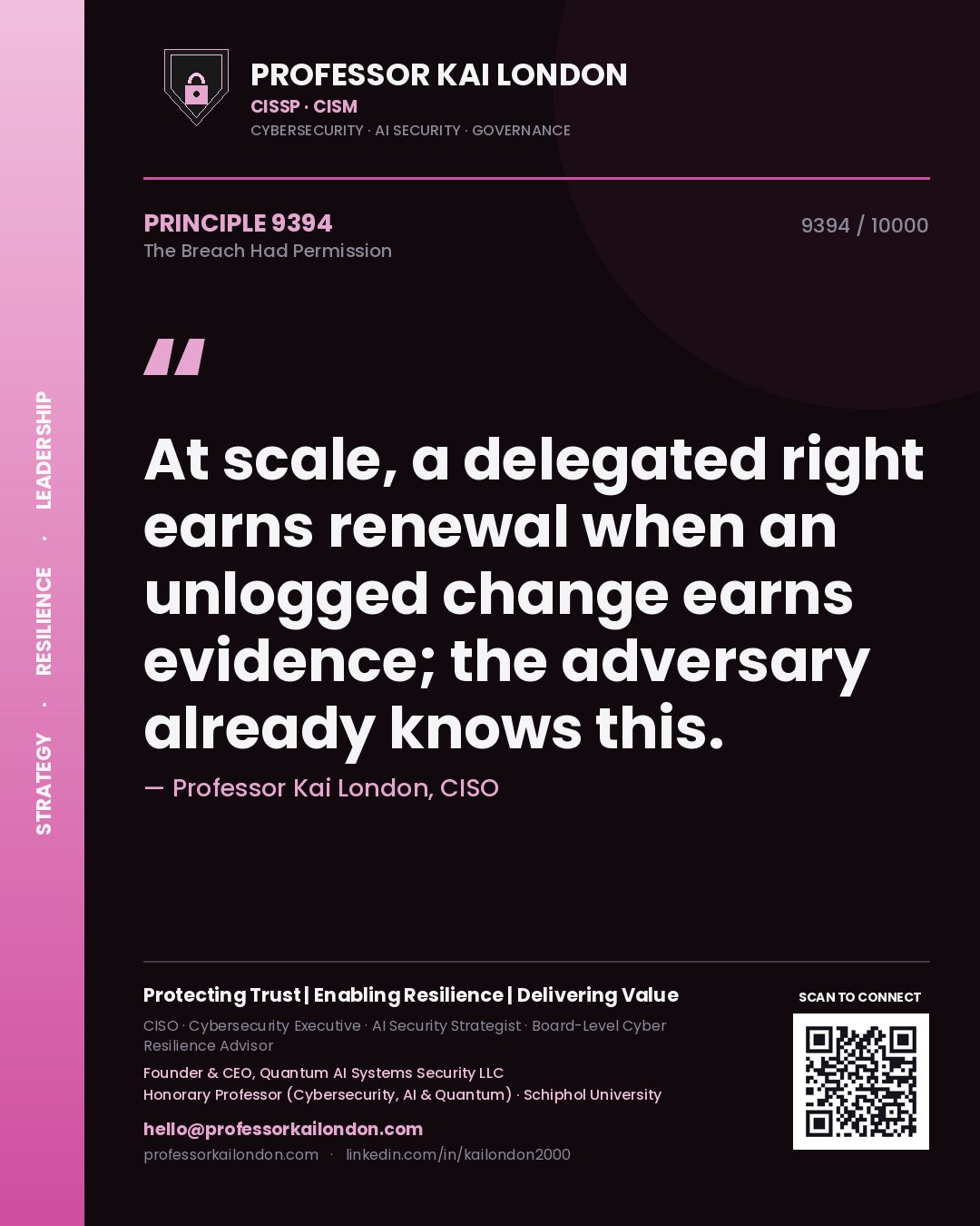 Professor Kai London principle 9394: At scale, a delegated right earns renewal when an unlogged change earns evidence; the adversary already knows this.