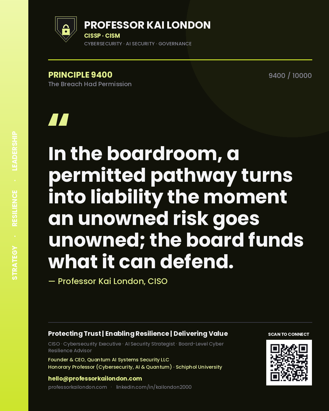 Professor Kai London principle 9400: In the boardroom, a permitted pathway turns into liability the moment an unowned risk goes unowned; the board funds what it can defend.
