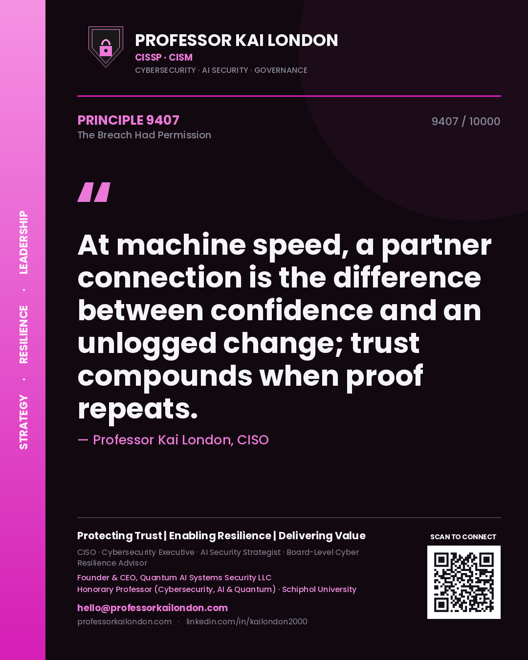 Quote card by Professor Kai London reading 'At machine speed, a partner connection is the difference between confidence and an unlogged change; trust compounds when proof repeats.'. From the book The Breach Had Permission.
