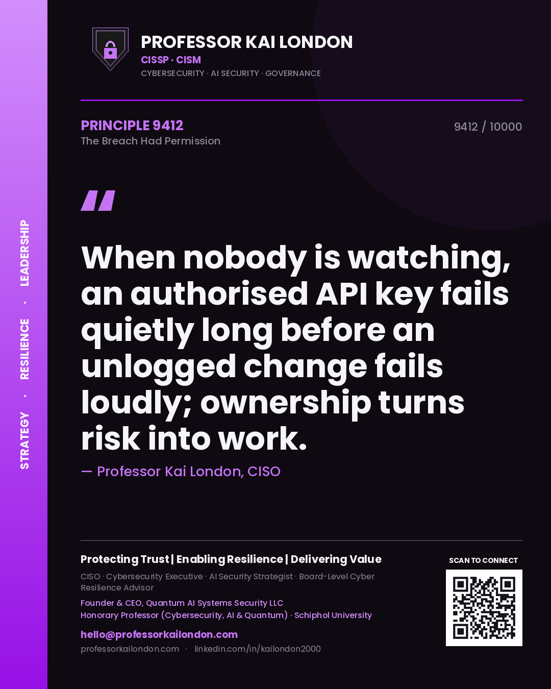 Quote card by Professor Kai London reading 'When nobody is watching, an authorised API key fails quietly long before an unlogged change fails loudly; ownership turns risk into work.'. From the book The Breach Had Permission.