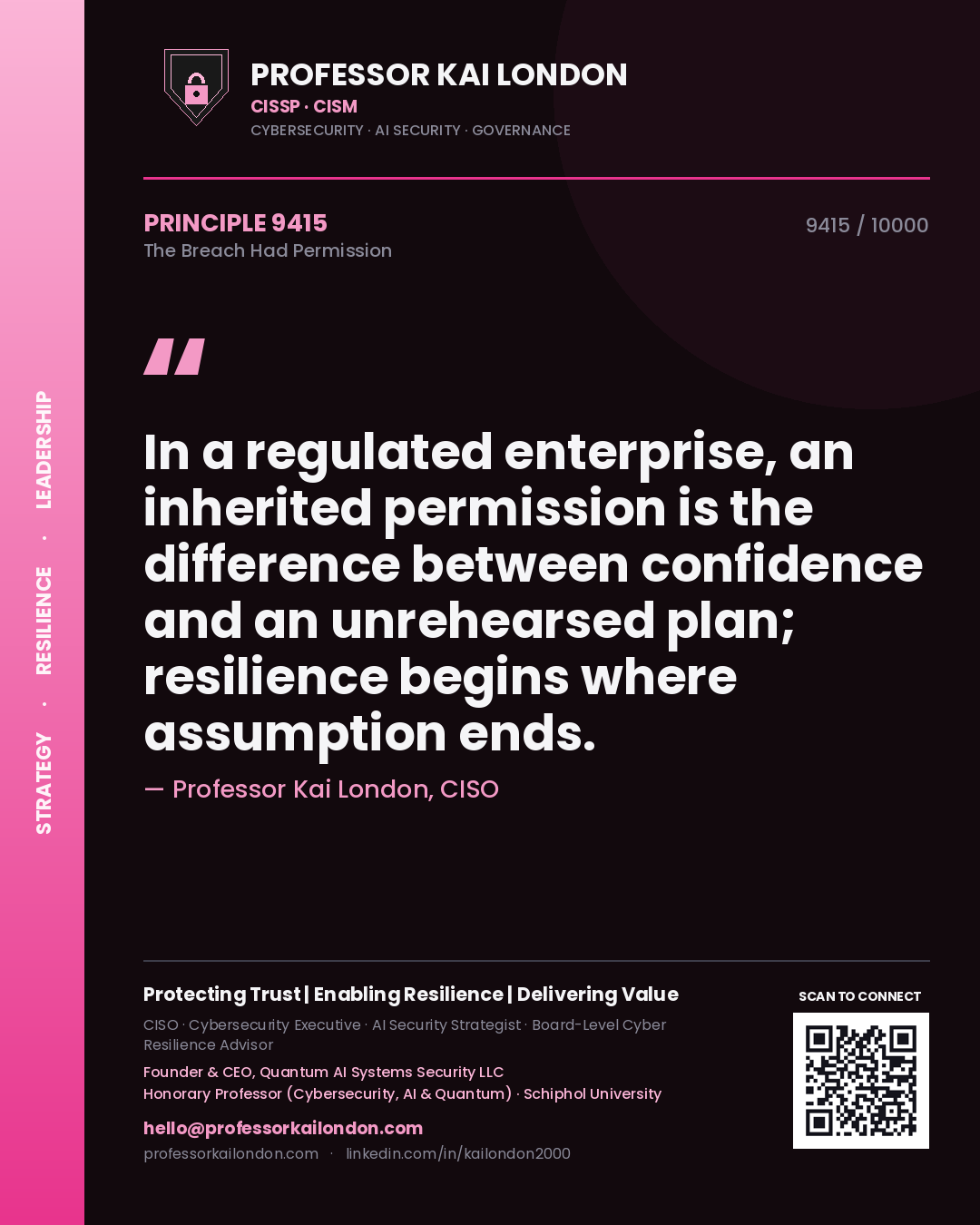 Quote card by Professor Kai London reading 'In a regulated enterprise, an inherited permission is the difference between confidence and an unrehearsed plan; resilience begins where assumption ends.'. From the book The Breach Had Permission.