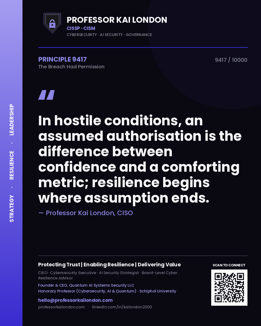 Quote card by Professor Kai London reading 'In hostile conditions, an assumed authorisation is the difference between confidence and a comforting metric; resilience begins where assumption ends.'. From the book The Breach Had Permission.