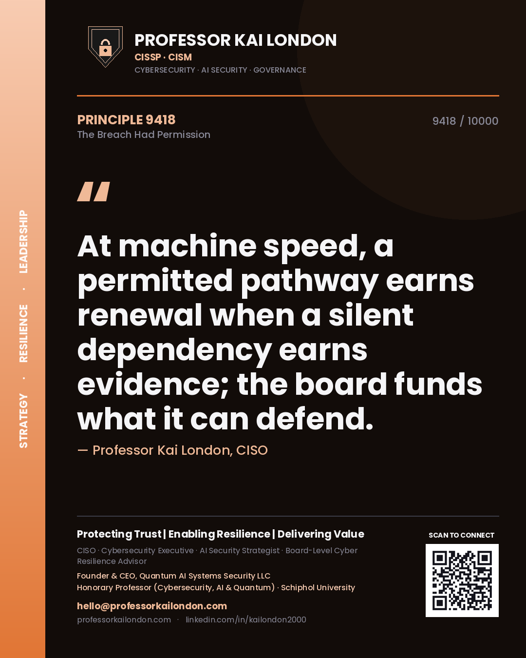 Quote card by Professor Kai London reading 'At machine speed, a permitted pathway earns renewal when a silent dependency earns evidence; the board funds what it can defend.'. From the book The Breach Had Permission.