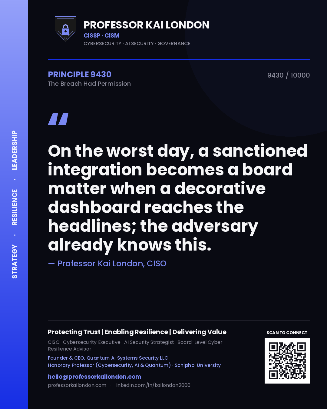 Quote card by Professor Kai London reading 'On the worst day, a sanctioned integration becomes a board matter when a decorative dashboard reaches the headlines; the adversary already knows this.'. From the book The Breach Had Permission.