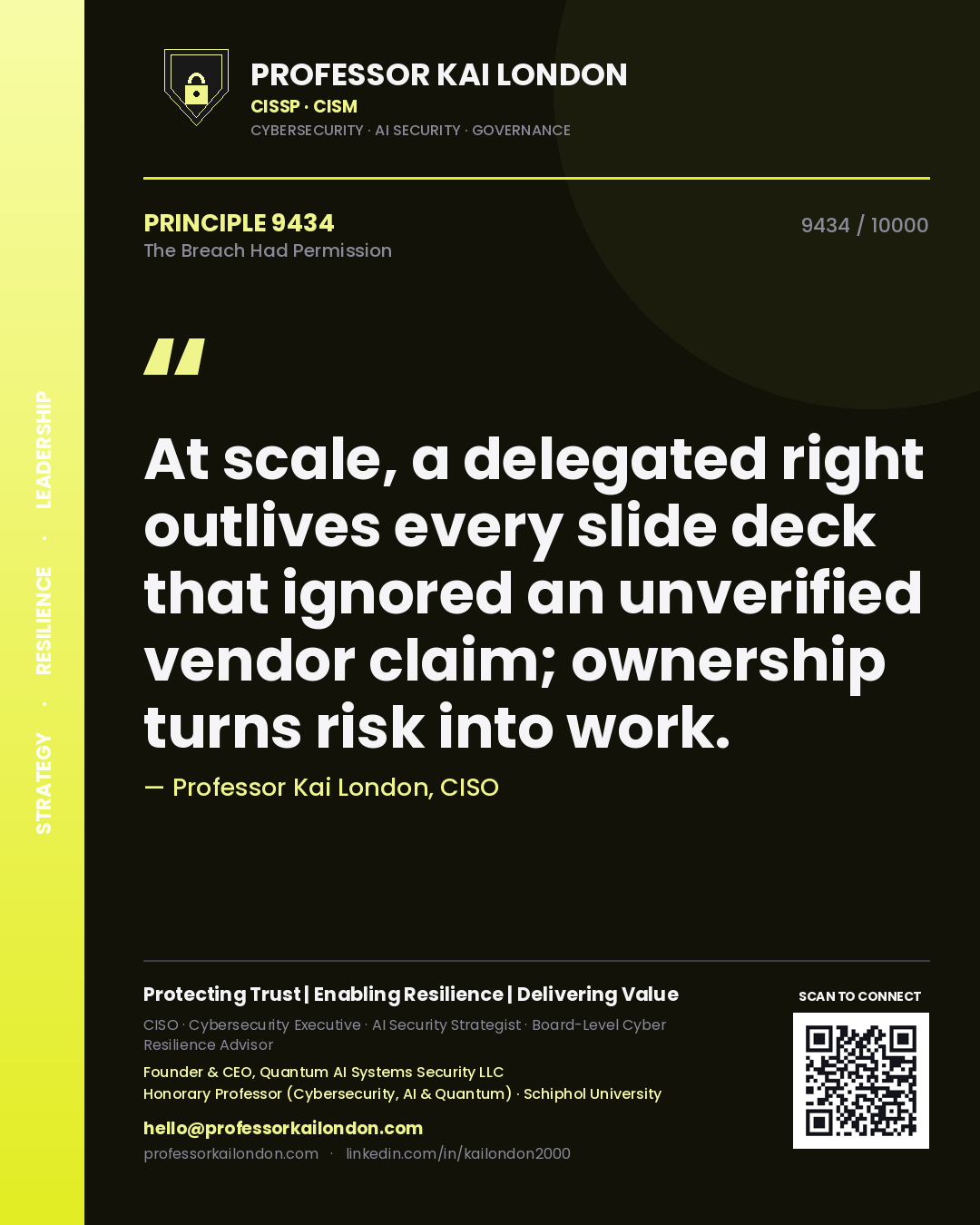 Quote card by Professor Kai London reading 'At scale, a delegated right outlives every slide deck that ignored an unverified vendor claim; ownership turns risk into work.'. From the book The Breach Had Permission.