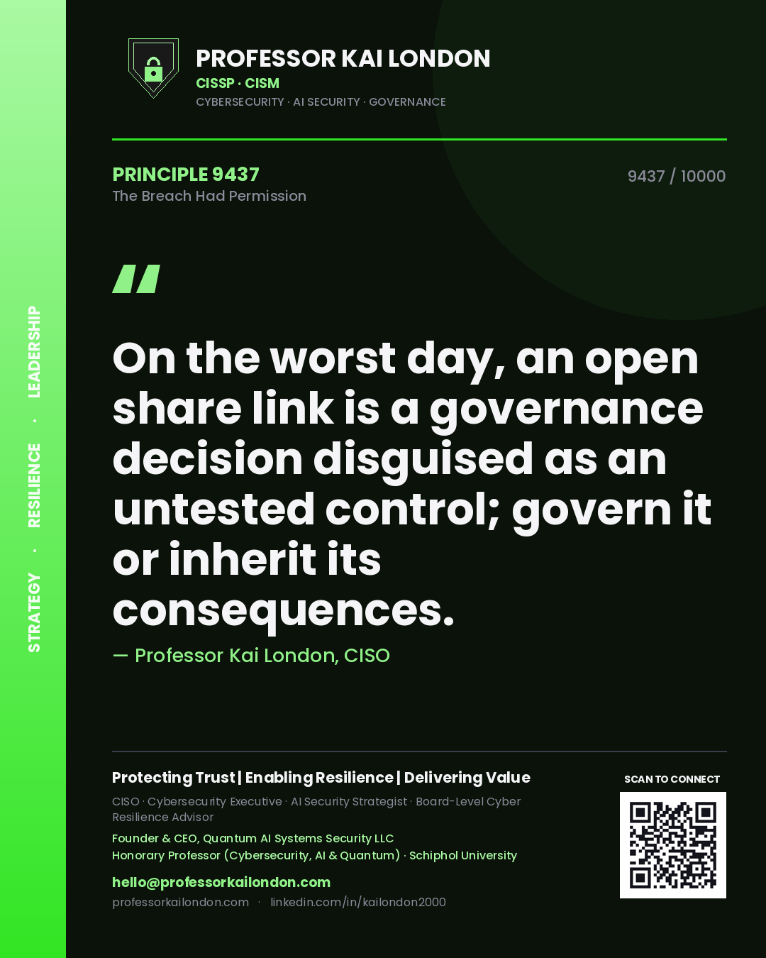 Quote card by Professor Kai London reading 'On the worst day, an open share link is a governance decision disguised as an untested control; govern it or inherit its consequences.'. From the book The Breach Had Permission.