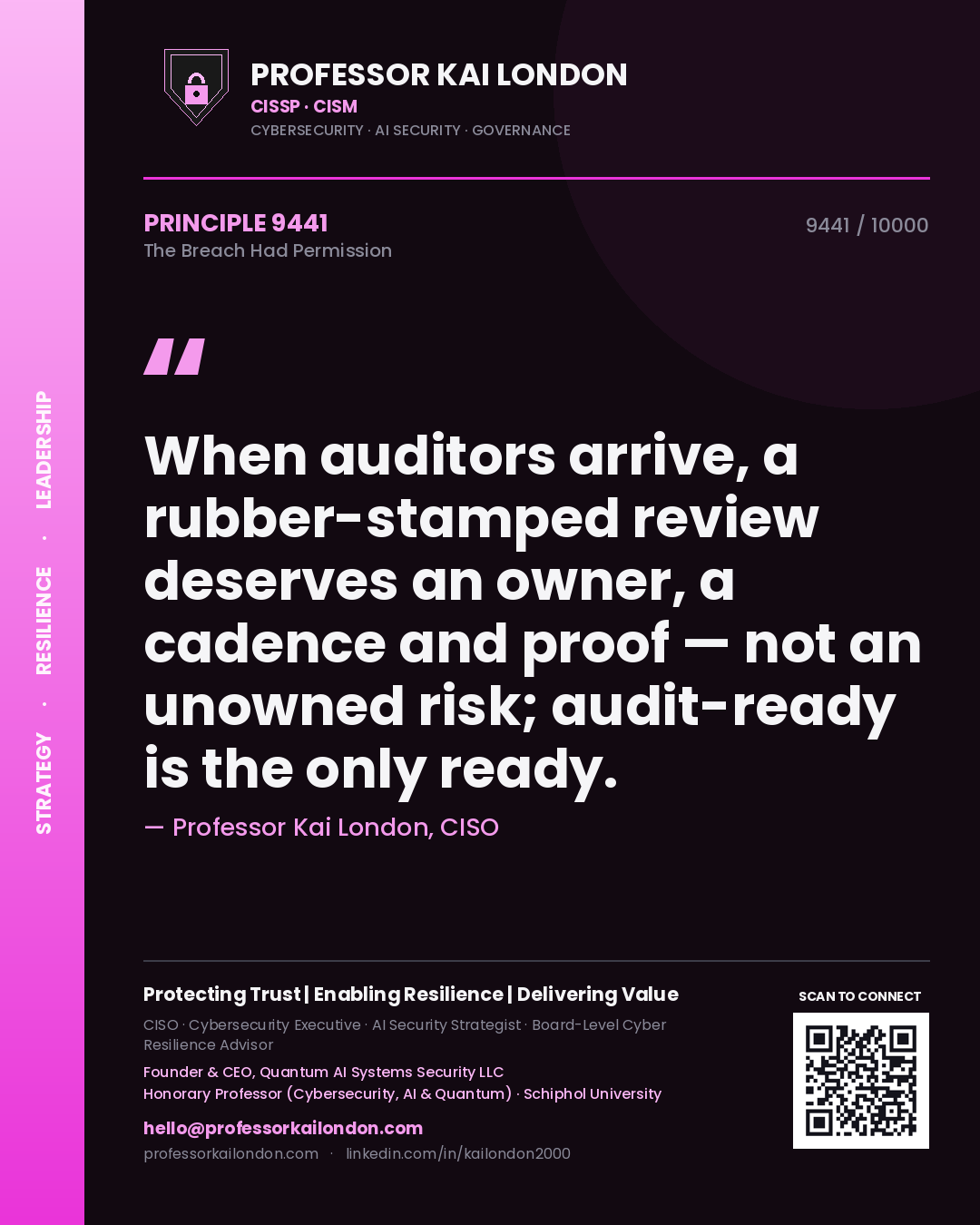 Quote card by Professor Kai London reading 'When auditors arrive, a rubber-stamped review deserves an owner, a cadence and proof — not an unowned risk; audit-ready is the only ready.'. From the book The Breach Had Permission.
