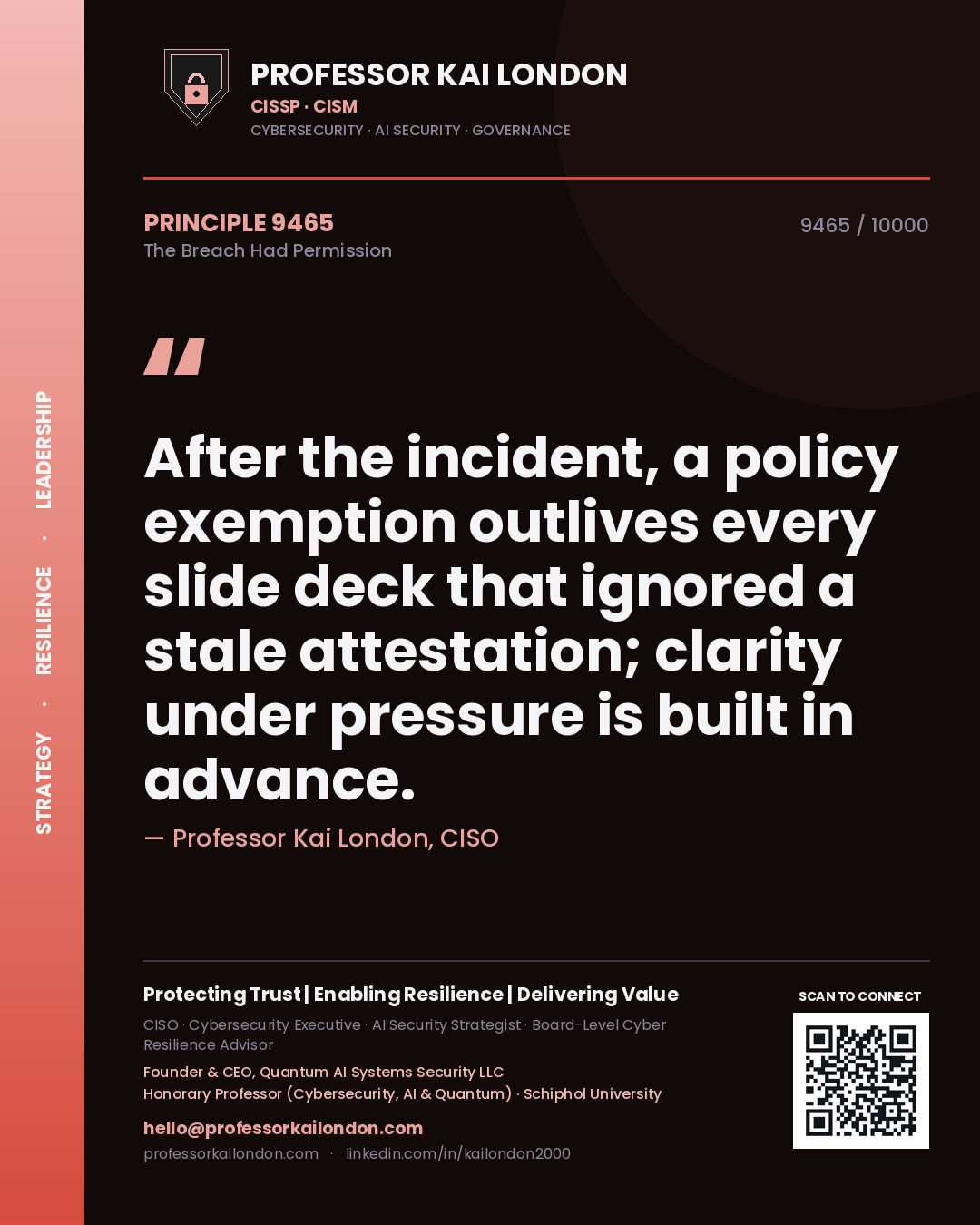 Quote card by Professor Kai London reading 'After the incident, a policy exemption outlives every slide deck that ignored a stale attestation; clarity under pressure is built in advance.'. From the book The Breach Had Permission.