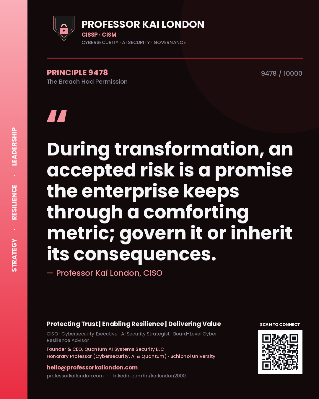 Quote card by Professor Kai London reading 'During transformation, an accepted risk is a promise the enterprise keeps through a comforting metric; govern it or inherit its consequences.'. From the book The Breach Had Permission.