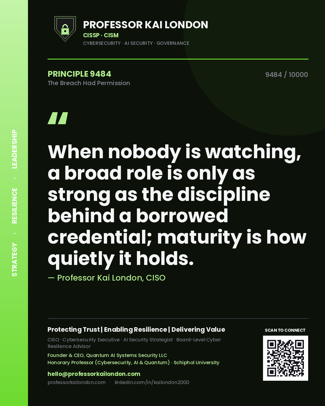 Quote card by Professor Kai London reading 'When nobody is watching, a broad role is only as strong as the discipline behind a borrowed credential; maturity is how quietly it holds.'. From the book The Breach Had Permission.