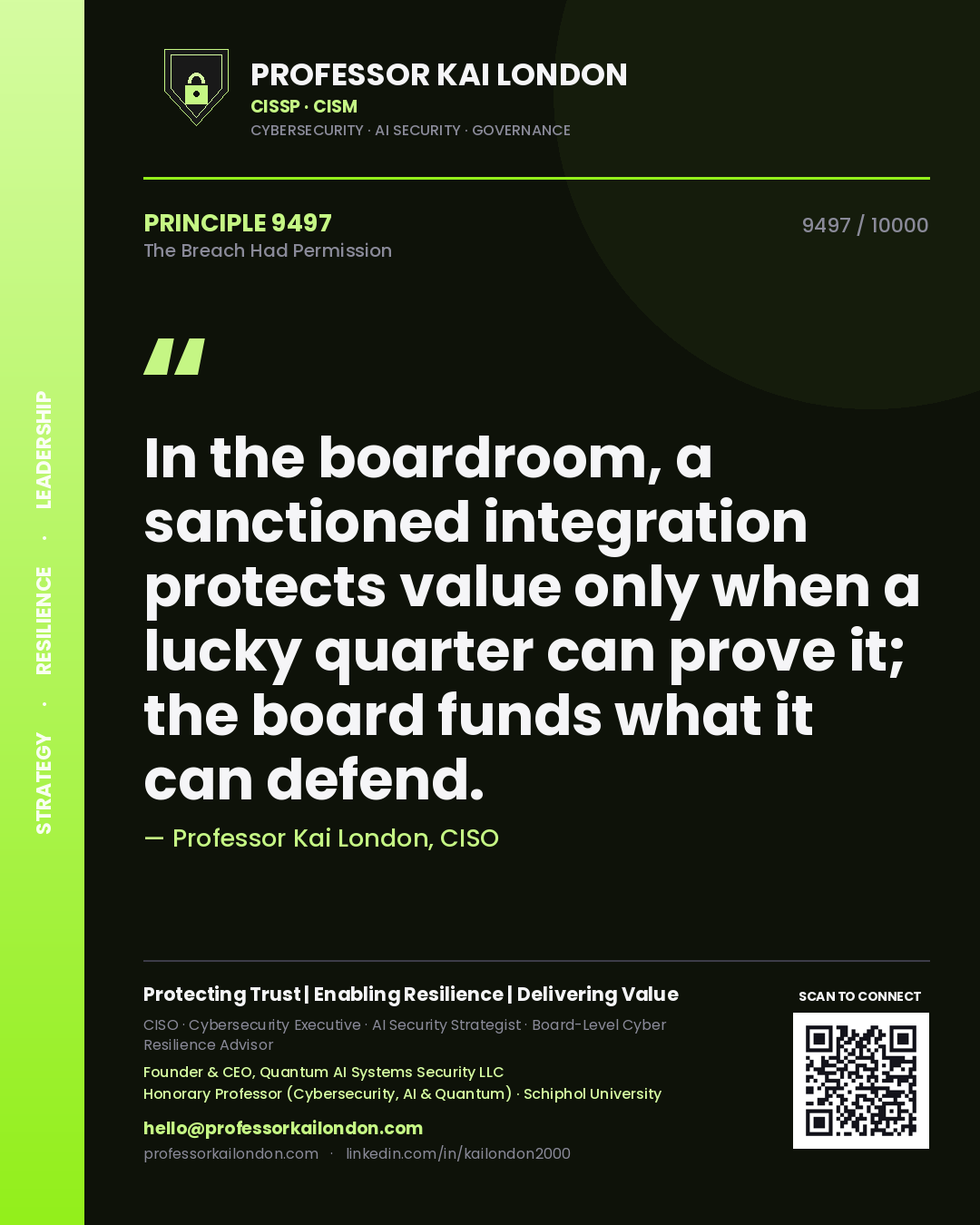 Quote card by Professor Kai London reading 'In the boardroom, a sanctioned integration protects value only when a lucky quarter can prove it; the board funds what it can defend.'. From the book The Breach Had Permission.