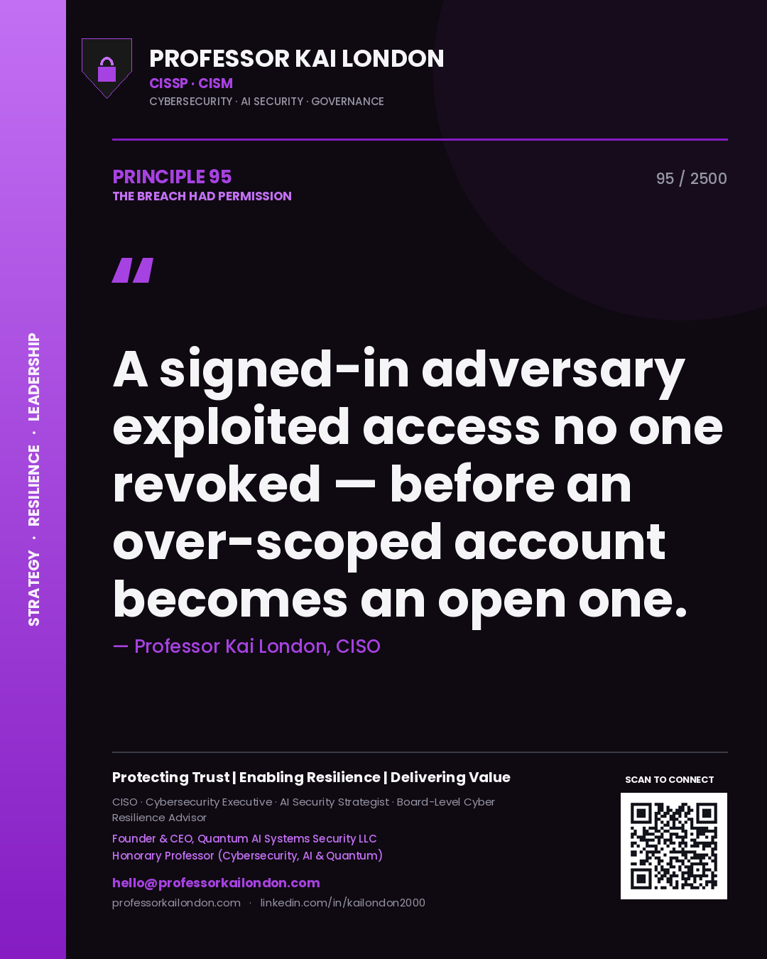 Professor Kai London principle 95: A signed-in adversary exploited access no one revoked — before an over-scoped account becomes an open one.