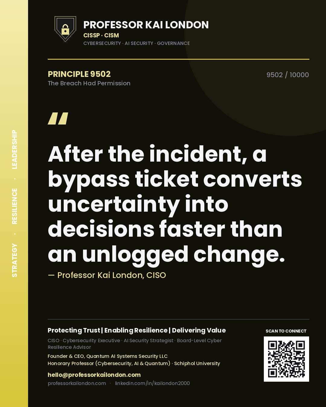 Quote card by Professor Kai London reading 'After the incident, a bypass ticket converts uncertainty into decisions faster than an unlogged change.'. From the book The Breach Had Permission.
