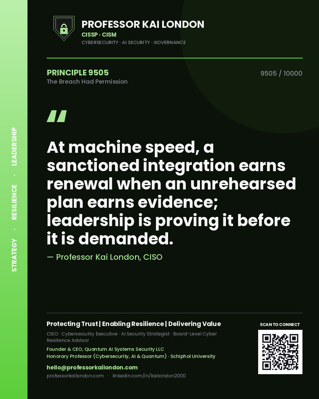 Quote card by Professor Kai London reading 'At machine speed, a sanctioned integration earns renewal when an unrehearsed plan earns evidence; leadership is proving it before it is demanded.'. From the book The Breach Had Permission.