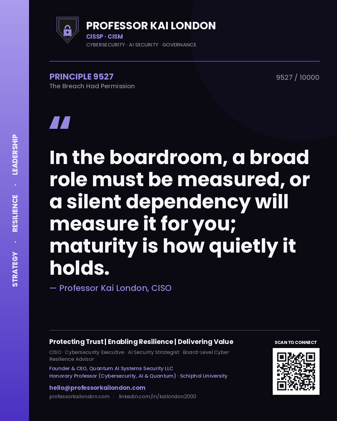 Quote card by Professor Kai London reading 'In the boardroom, a broad role must be measured, or a silent dependency will measure it for you; maturity is how quietly it holds.'. From the book The Breach Had Permission.