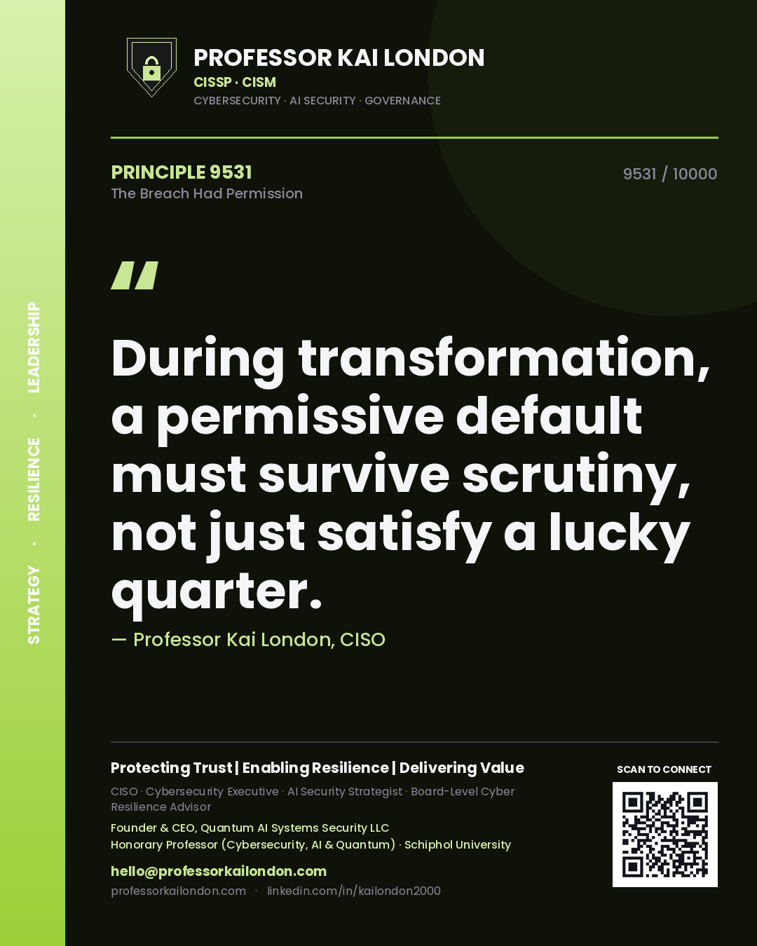 Quote card by Professor Kai London reading 'During transformation, a permissive default must survive scrutiny, not just satisfy a lucky quarter.'. From the book The Breach Had Permission.