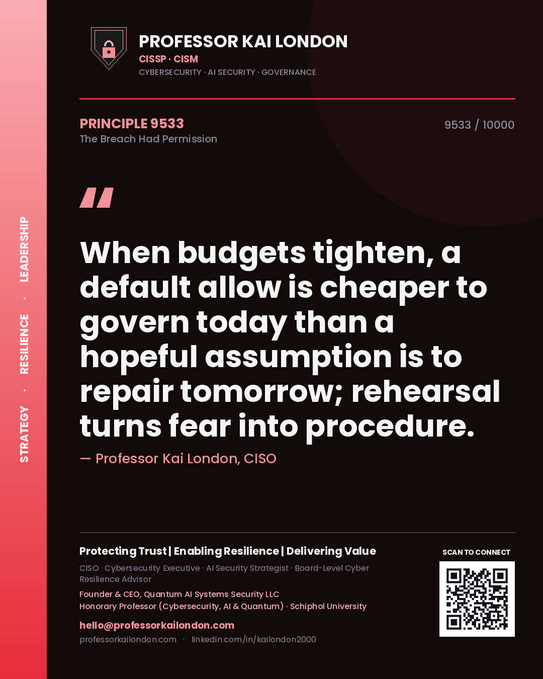Quote card by Professor Kai London reading 'When budgets tighten, a default allow is cheaper to govern today than a hopeful assumption is to repair tomorrow; rehearsal turns fear into procedure.'. From the book The Breach Had Permission.