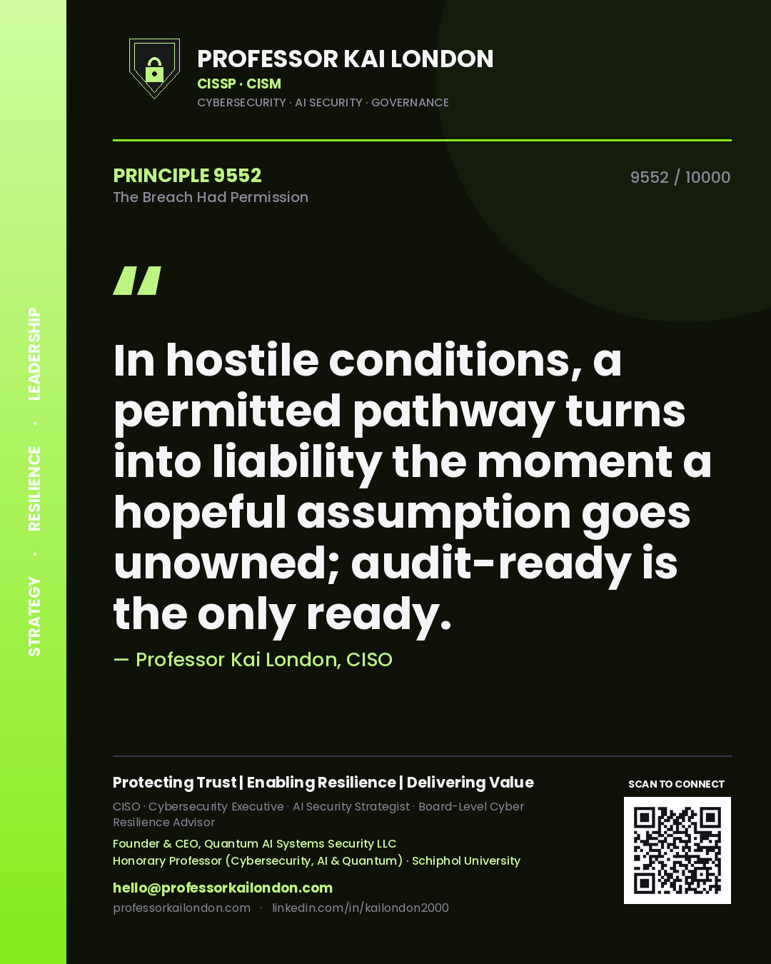 Quote card by Professor Kai London reading 'In hostile conditions, a permitted pathway turns into liability the moment a hopeful assumption goes unowned; audit-ready is the only ready.'. From the book The Breach Had Permission.