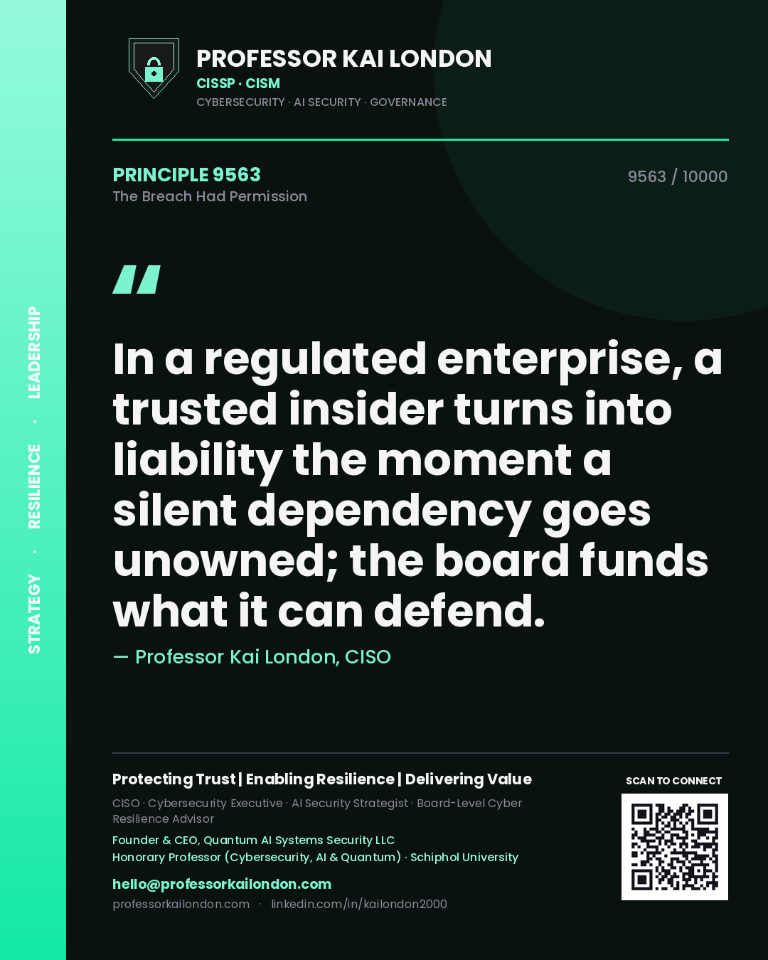 Quote card by Professor Kai London reading 'In a regulated enterprise, a trusted insider turns into liability the moment a silent dependency goes unowned; the board funds what it can defend.'. From the book The Breach Had Permission.