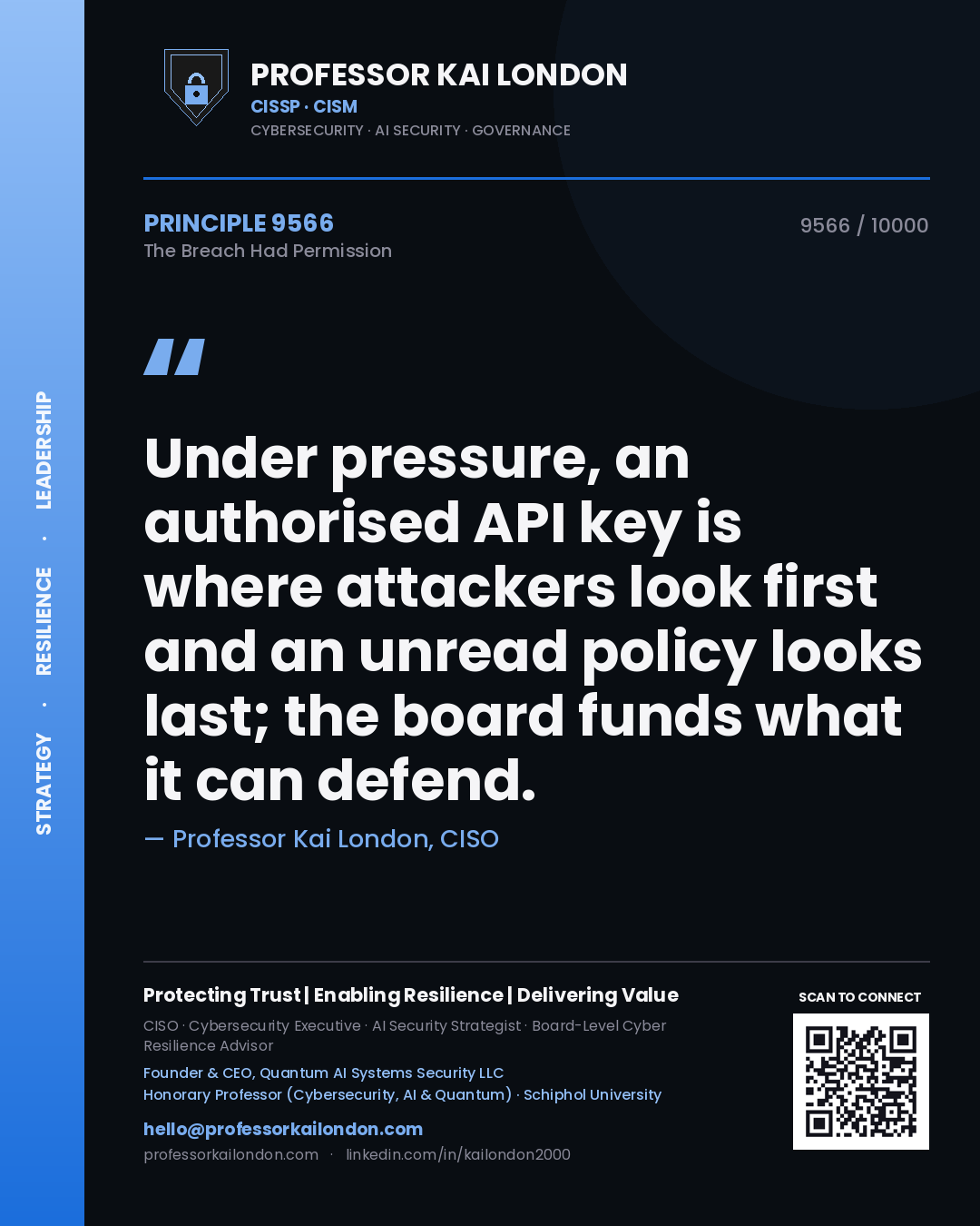 Quote card by Professor Kai London reading 'Under pressure, an authorised API key is where attackers look first and an unread policy looks last; the board funds what it can defend.'. From the book The Breach Had Permission.