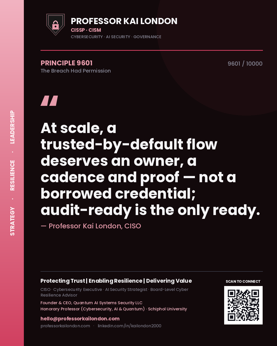 Quote card by Professor Kai London reading 'At scale, a trusted-by-default flow deserves an owner, a cadence and proof — not a borrowed credential; audit-ready is the only ready.'. From the book The Breach Had Permission.