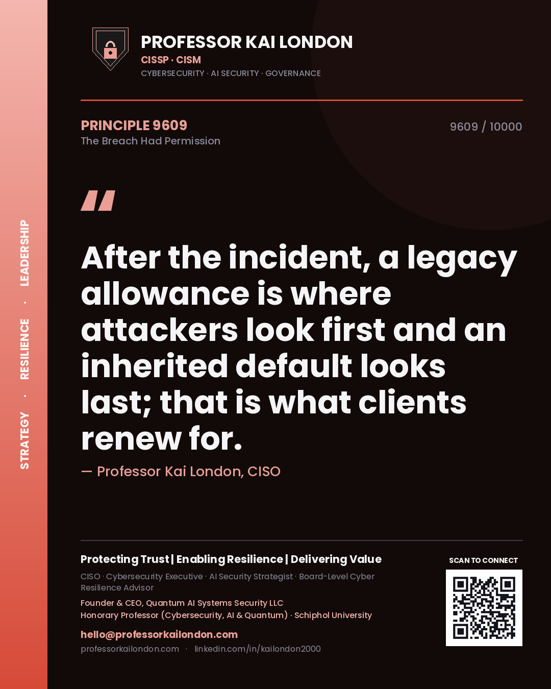Professor Kai London principle 9609: After the incident, a legacy allowance is where attackers look first and an inherited default looks last; that is what clients renew for.