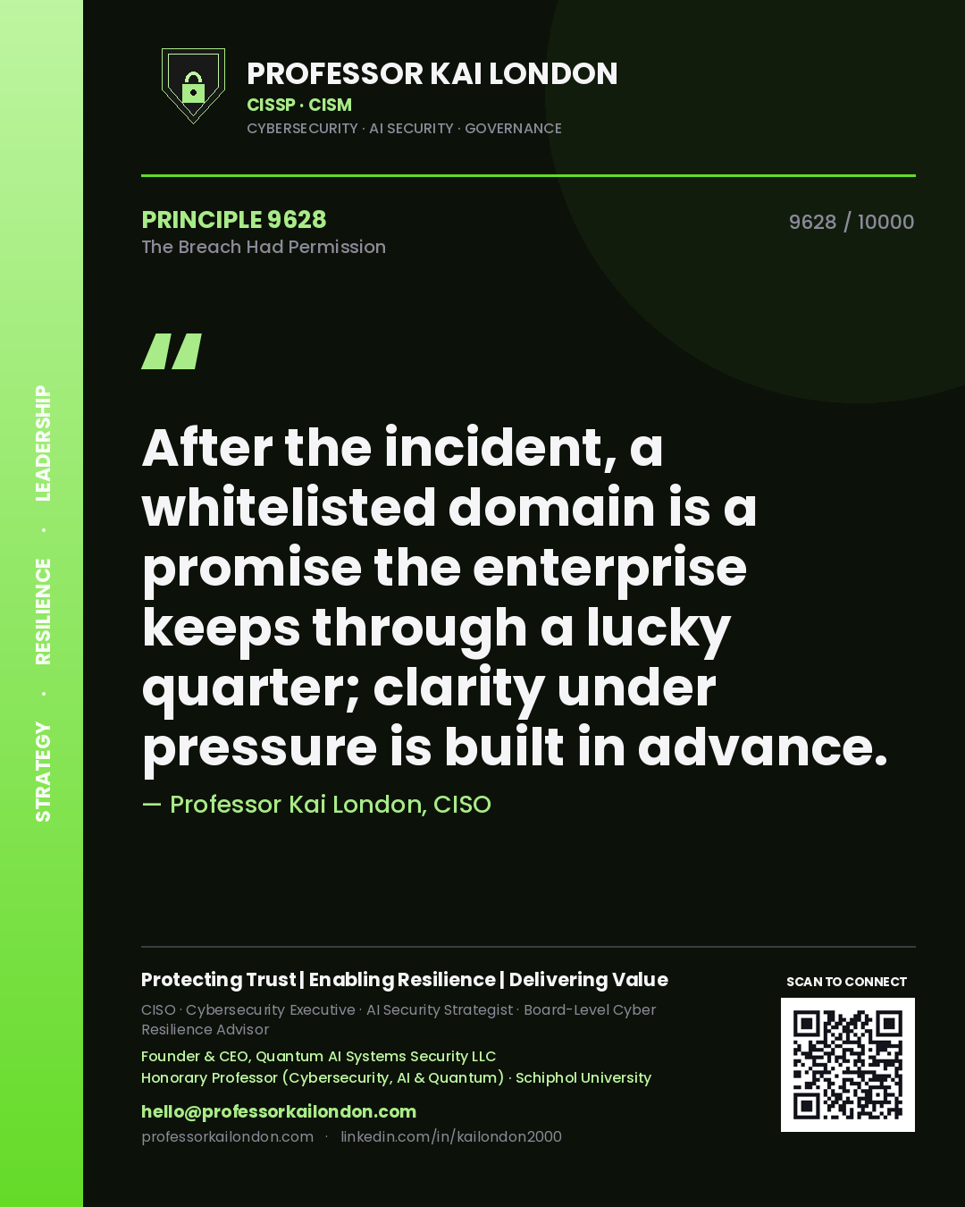 Professor Kai London principle 9628: After the incident, a whitelisted domain is a promise the enterprise keeps through a lucky quarter; clarity under pressure is built in advance.
