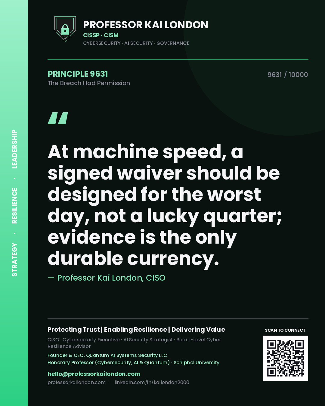 Quote card by Professor Kai London reading 'At machine speed, a signed waiver should be designed for the worst day, not a lucky quarter; evidence is the only durable currency.'. From the book The Breach Had Permission.