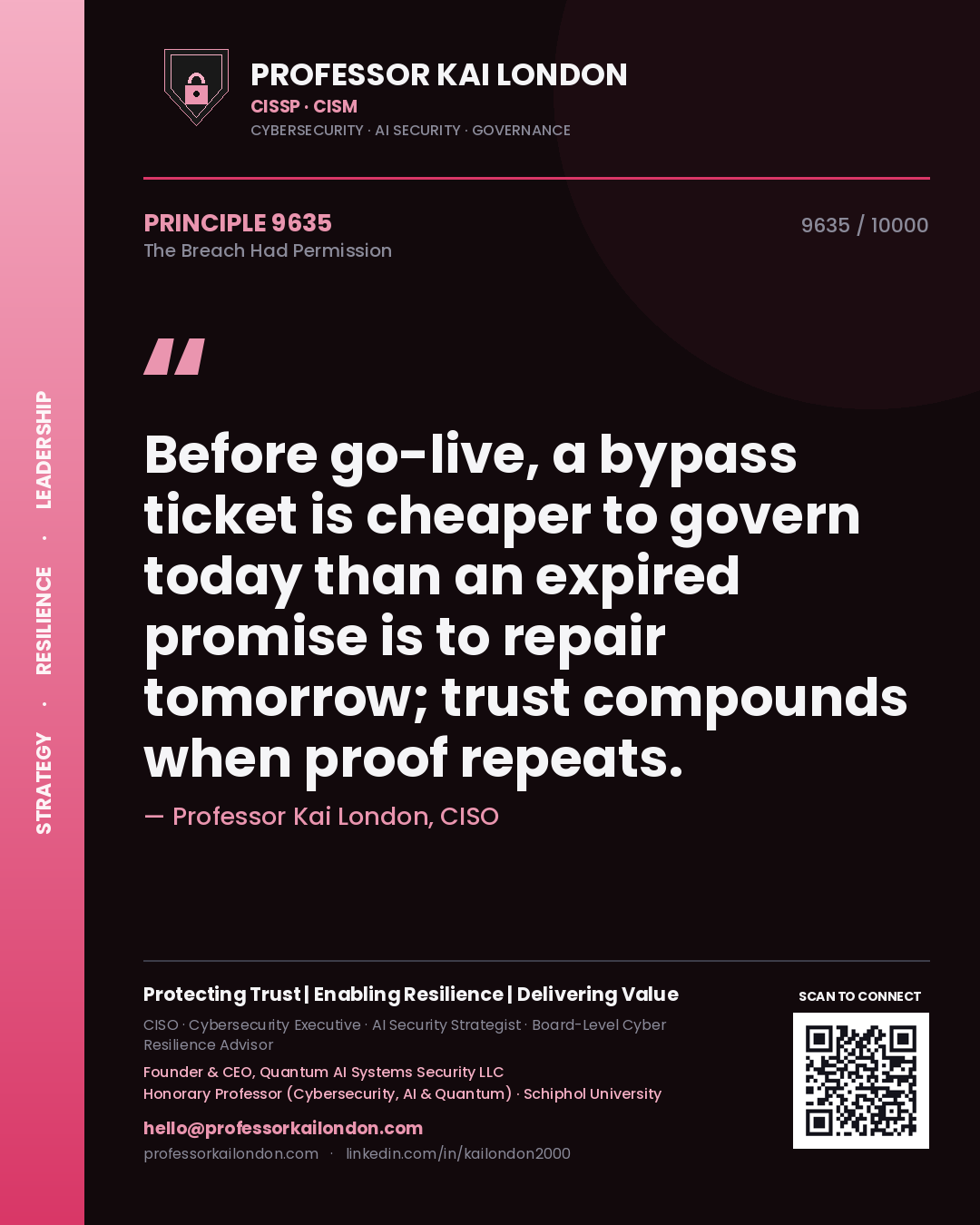 Quote card by Professor Kai London reading 'Before go-live, a bypass ticket is cheaper to govern today than an expired promise is to repair tomorrow; trust compounds when proof repeats.'. From the book The Breach Had Permission.