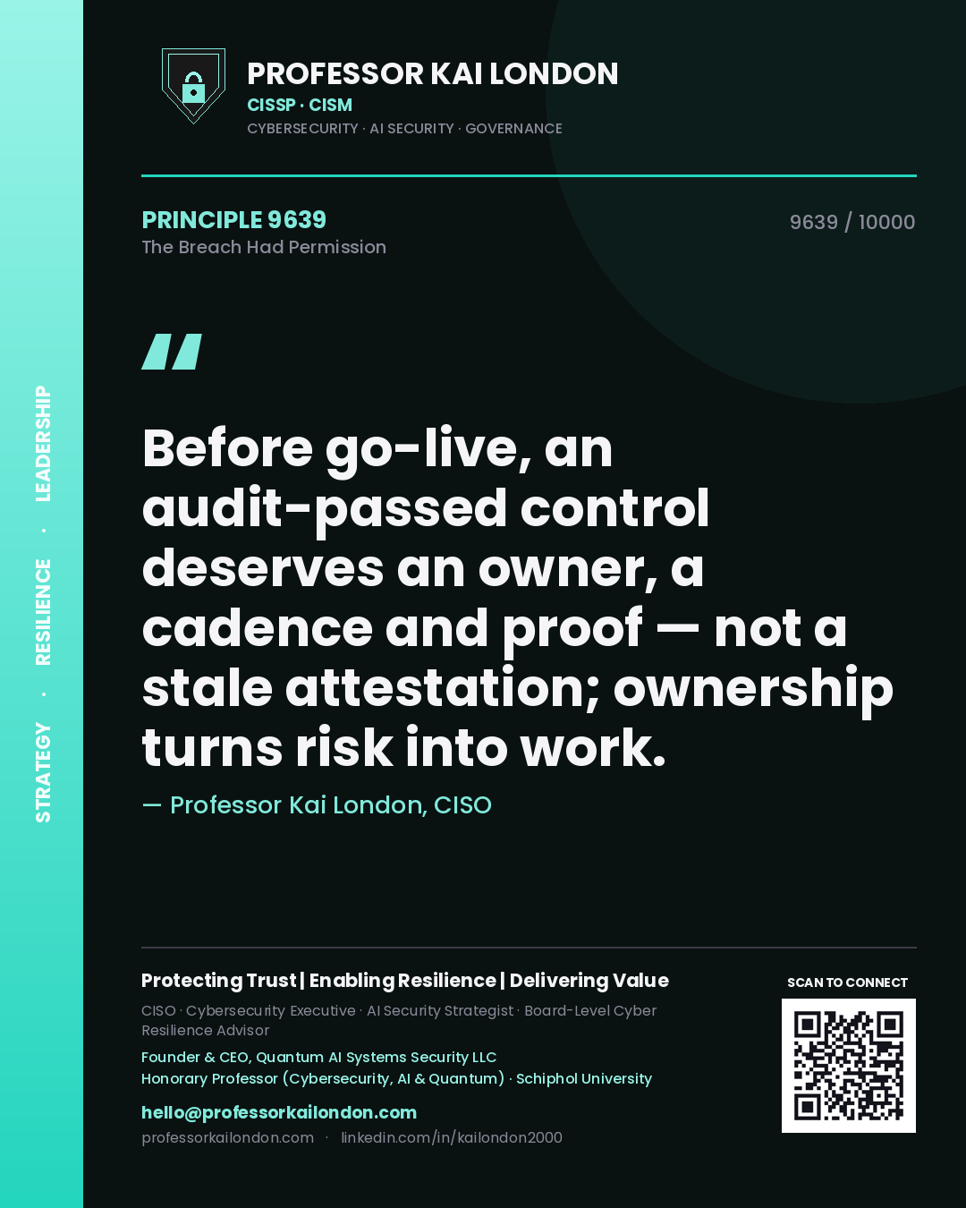 Quote card by Professor Kai London reading 'Before go-live, an audit-passed control deserves an owner, a cadence and proof — not a stale attestation; ownership turns risk into work.'. From the book The Breach Had Permission.