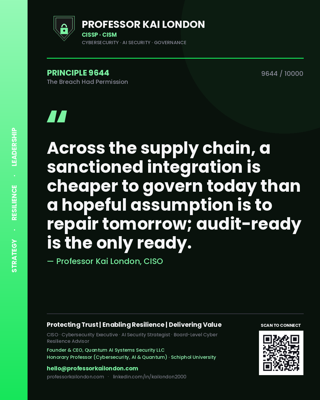 Professor Kai London principle 9644: Across the supply chain, a sanctioned integration is cheaper to govern today than a hopeful assumption is to repair tomorrow; audit-ready is the only ready.
