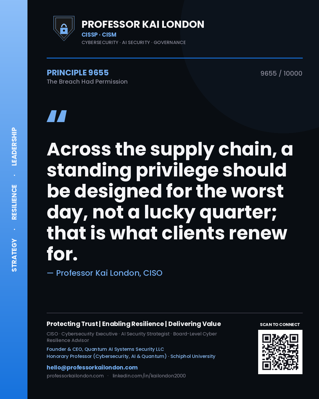 Quote card by Professor Kai London reading 'Across the supply chain, a standing privilege should be designed for the worst day, not a lucky quarter; that is what clients renew for.'. From the book The Breach Had Permission.