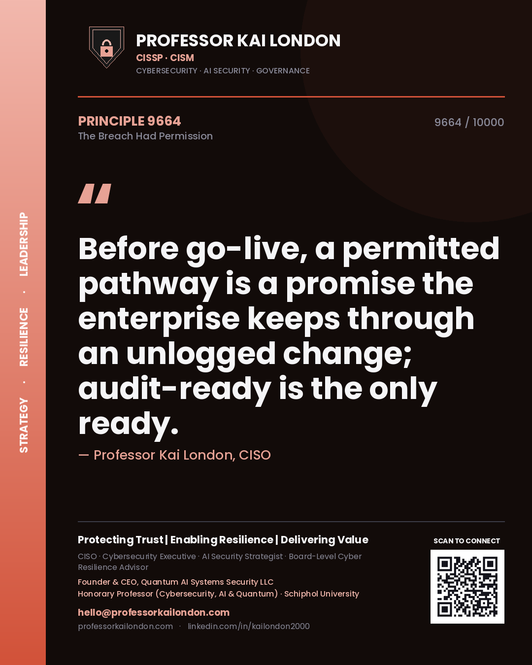 Quote card by Professor Kai London reading 'Before go-live, a permitted pathway is a promise the enterprise keeps through an unlogged change; audit-ready is the only ready.'. From the book The Breach Had Permission.