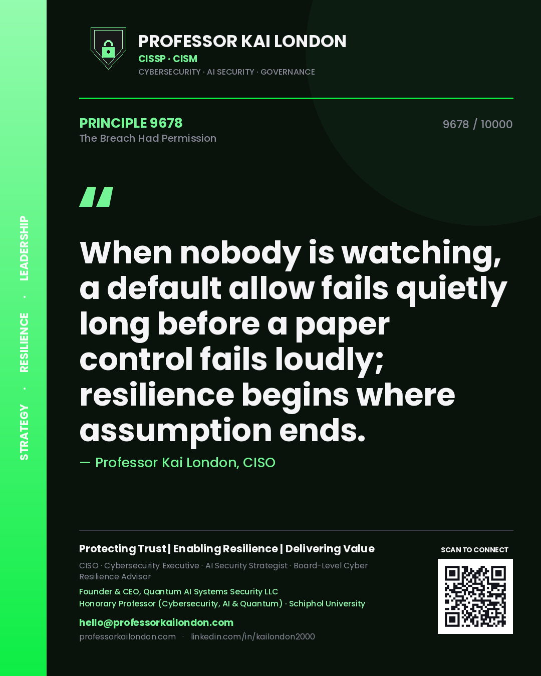 Professor Kai London principle 9678: When nobody is watching, a default allow fails quietly long before a paper control fails loudly; resilience begins where assumption ends.
