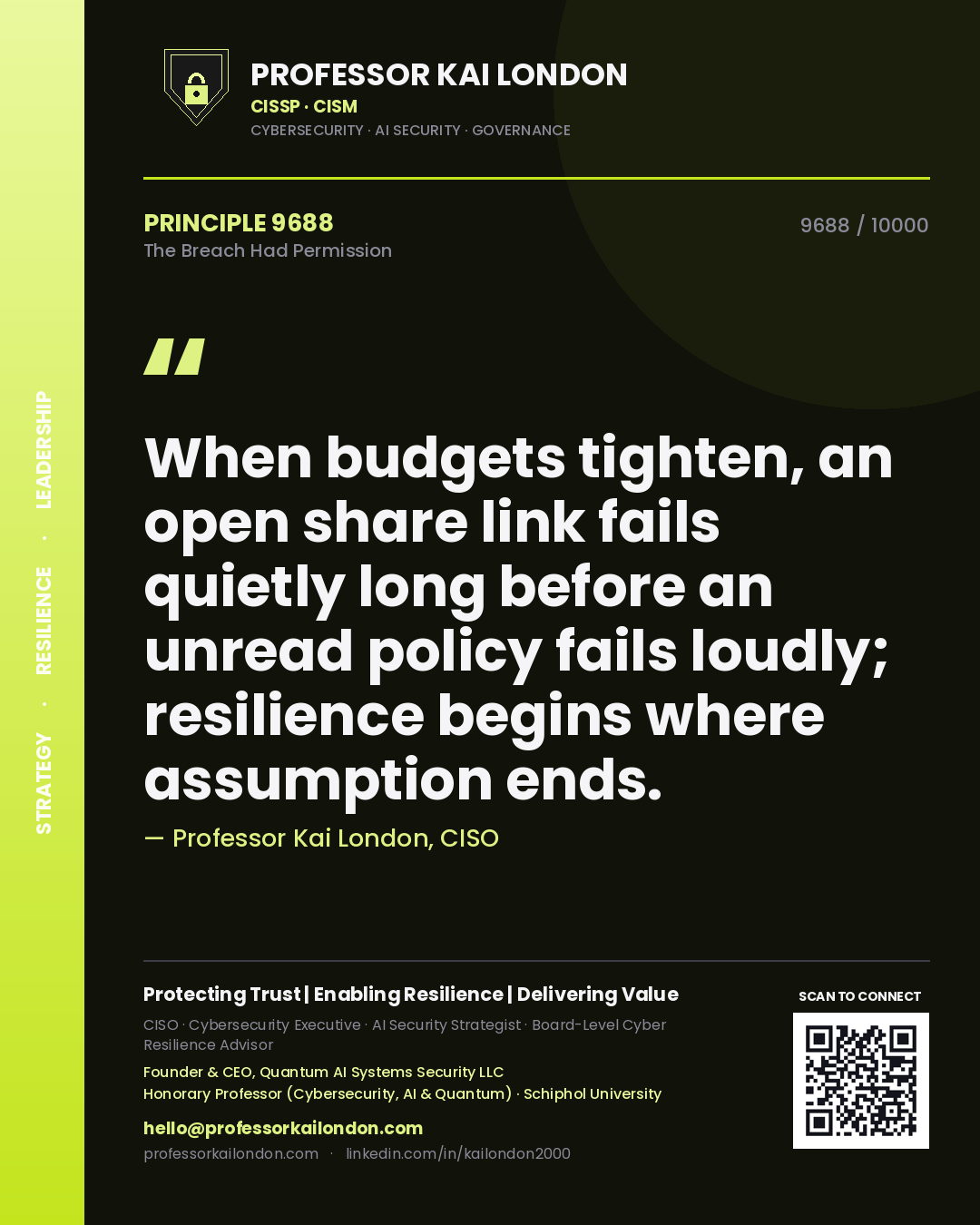 Professor Kai London principle 9688: When budgets tighten, an open share link fails quietly long before an unread policy fails loudly; resilience begins where assumption ends.