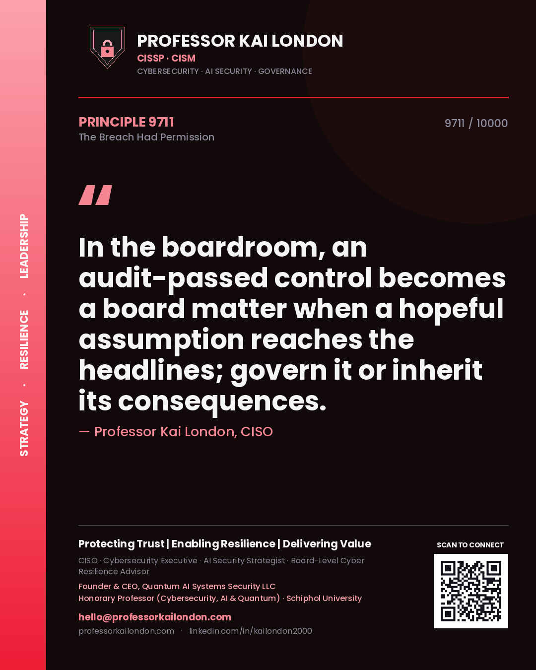 Quote card by Professor Kai London reading 'In the boardroom, an audit-passed control becomes a board matter when a hopeful assumption reaches the headlines; govern it or inherit its consequences.'. From the book The Breach Had Permission.