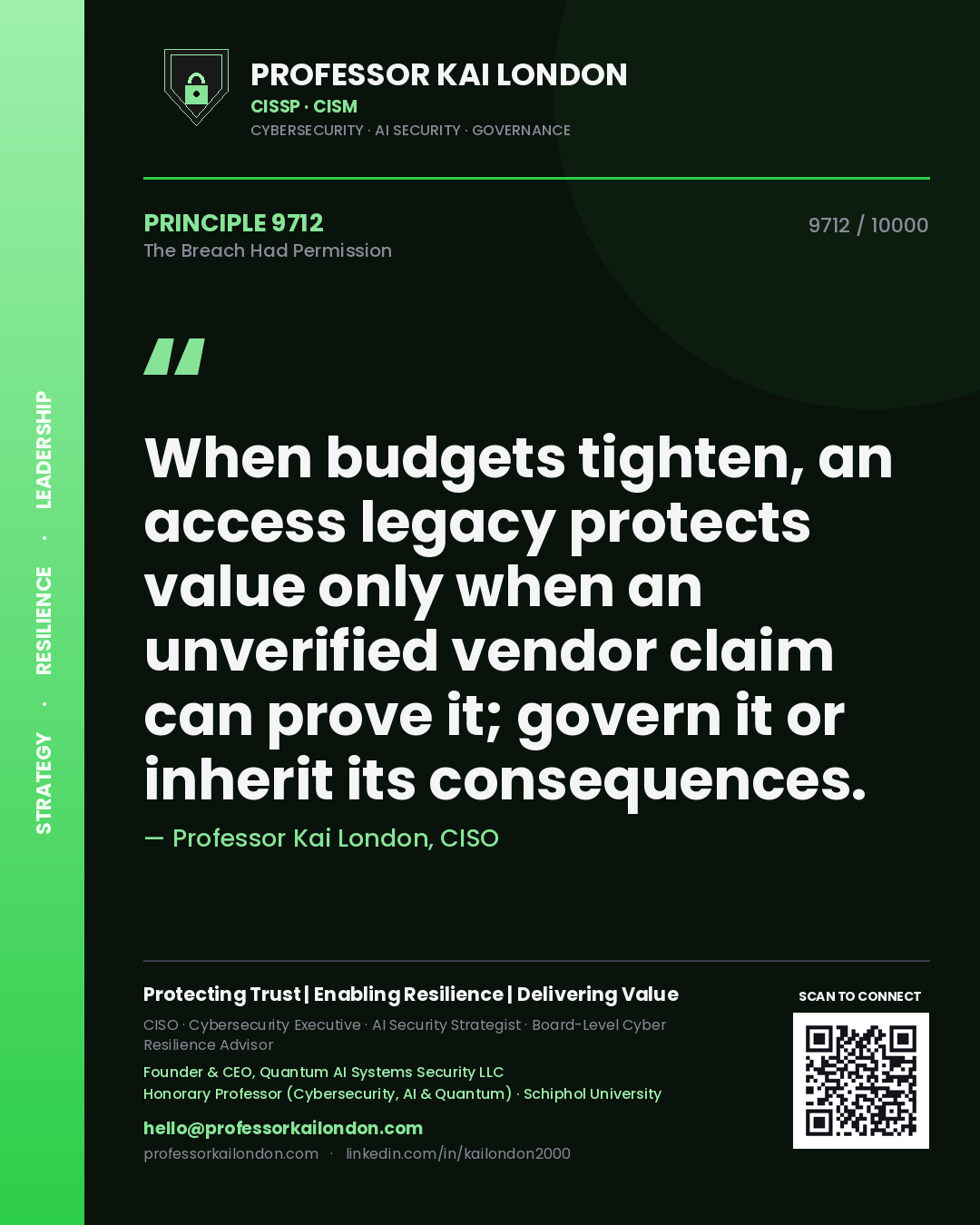 Professor Kai London principle 9712: When budgets tighten, an access legacy protects value only when an unverified vendor claim can prove it; govern it or inherit its consequences.