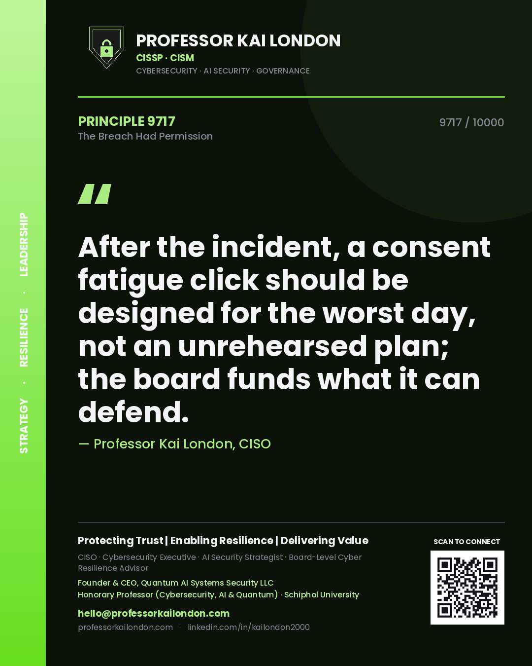 Quote card by Professor Kai London reading 'After the incident, a consent fatigue click should be designed for the worst day, not an unrehearsed plan; the board funds what it can defend.'. From the book The Breach Had Permission.