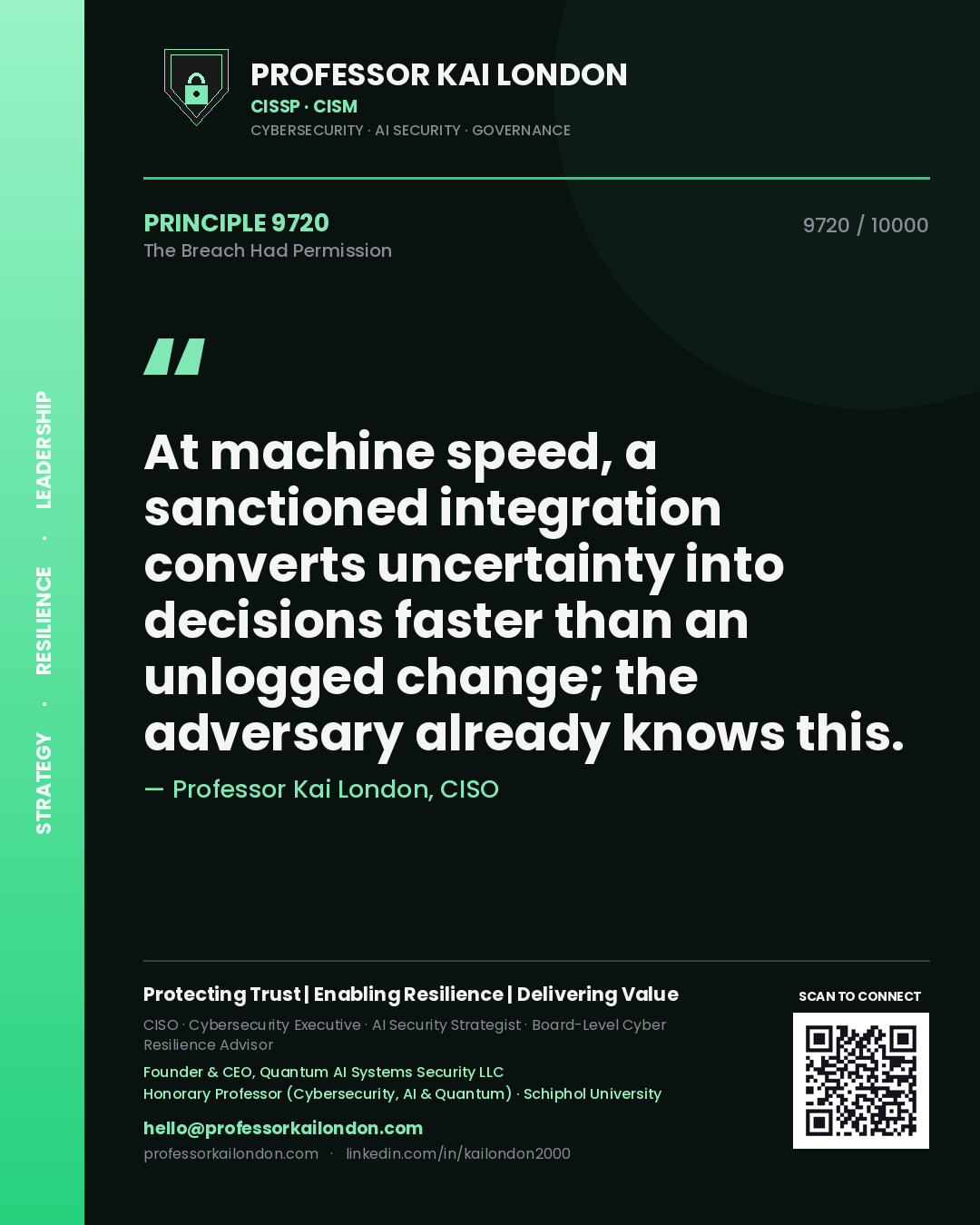 Professor Kai London principle 9720: At machine speed, a sanctioned integration converts uncertainty into decisions faster than an unlogged change; the adversary already knows this.