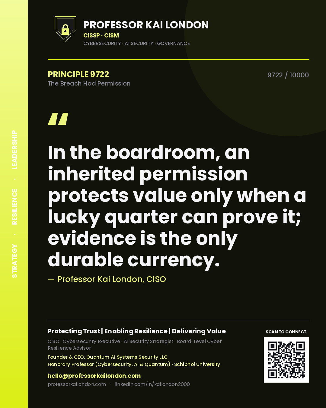 Quote card by Professor Kai London reading 'In the boardroom, an inherited permission protects value only when a lucky quarter can prove it; evidence is the only durable currency.'. From the book The Breach Had Permission.