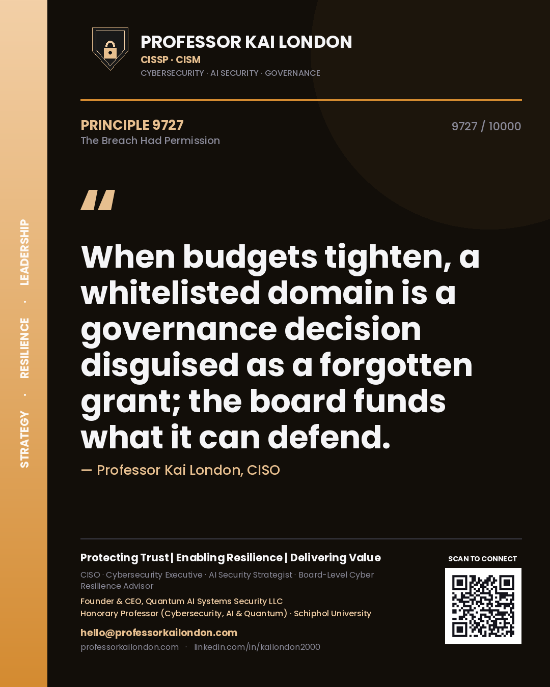 Quote card by Professor Kai London reading 'When budgets tighten, a whitelisted domain is a governance decision disguised as a forgotten grant; the board funds what it can defend.'. From the book The Breach Had Permission.