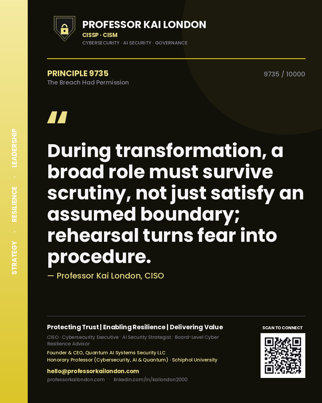 Quote card by Professor Kai London reading 'During transformation, a broad role must survive scrutiny, not just satisfy an assumed boundary; rehearsal turns fear into procedure.'. From the book The Breach Had Permission.