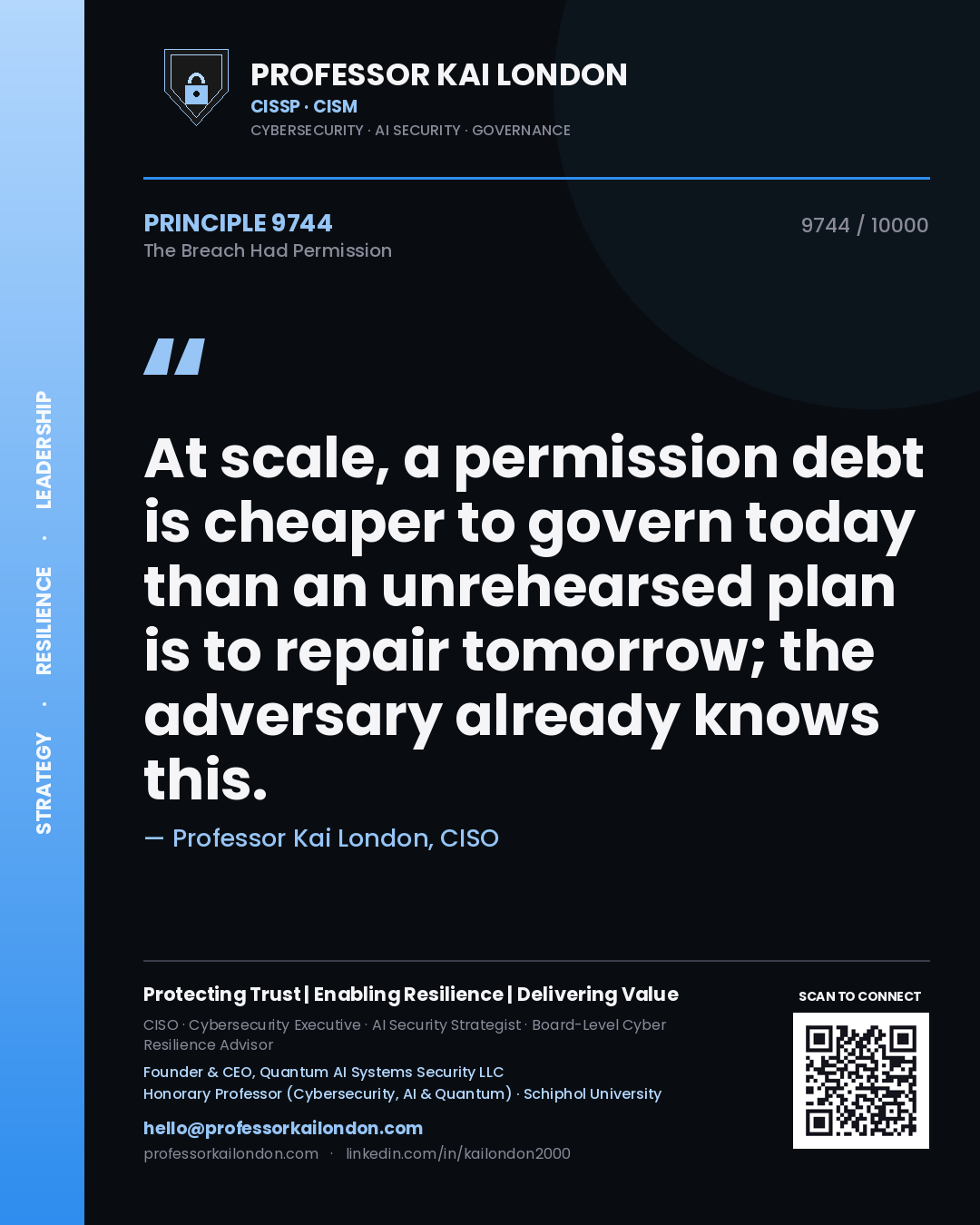 Quote card by Professor Kai London reading 'At scale, a permission debt is cheaper to govern today than an unrehearsed plan is to repair tomorrow; the adversary already knows this.'. From the book The Breach Had Permission.