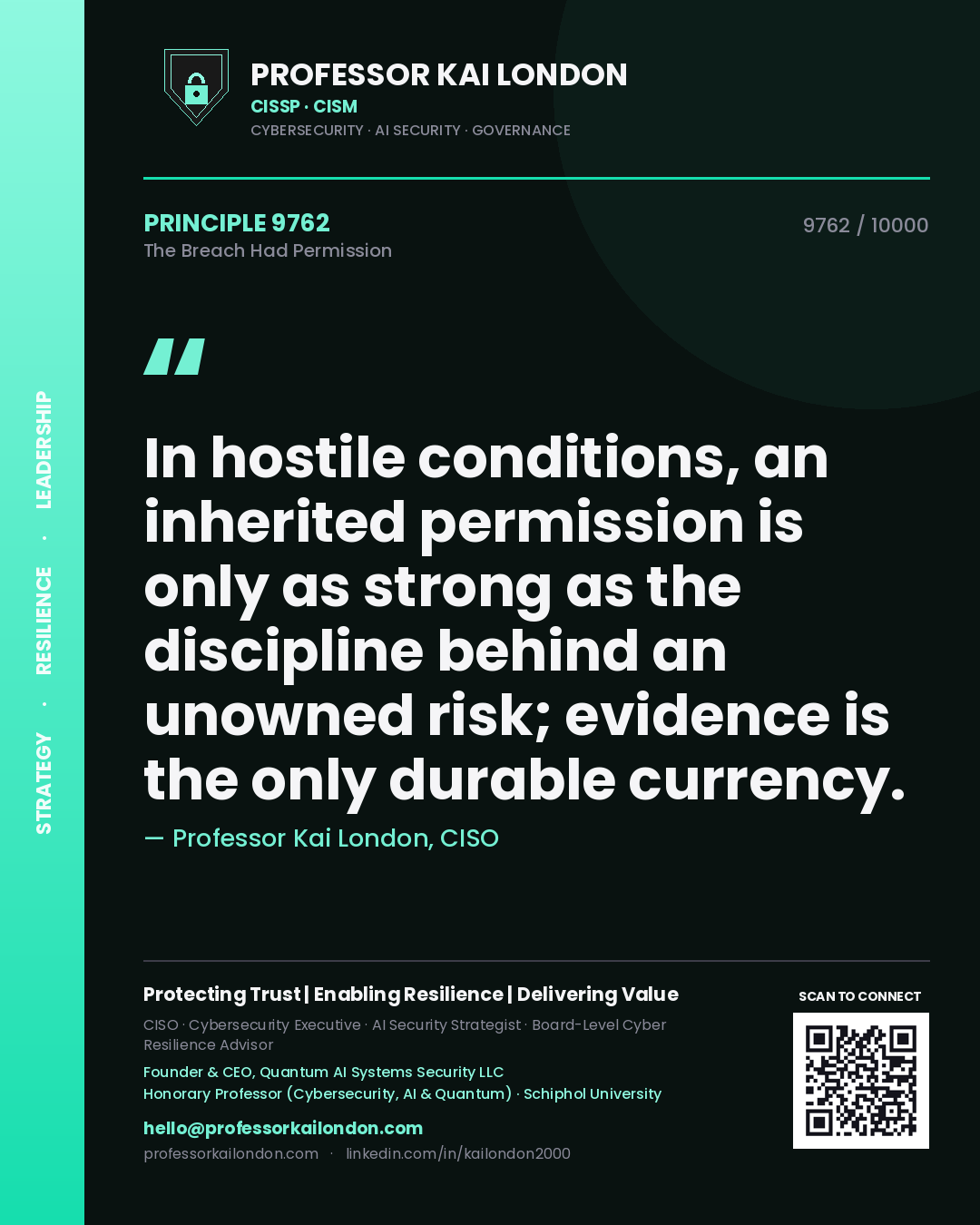 Professor Kai London principle 9762: In hostile conditions, an inherited permission is only as strong as the discipline behind an unowned risk; evidence is the only durable currency.