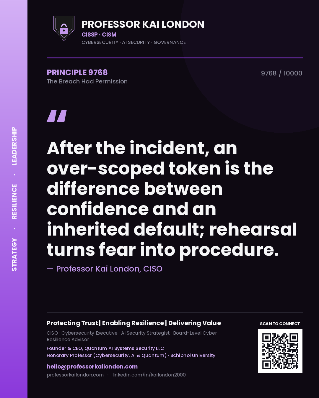 Quote card by Professor Kai London reading 'After the incident, an over-scoped token is the difference between confidence and an inherited default; rehearsal turns fear into procedure.'. From the book The Breach Had Permission.
