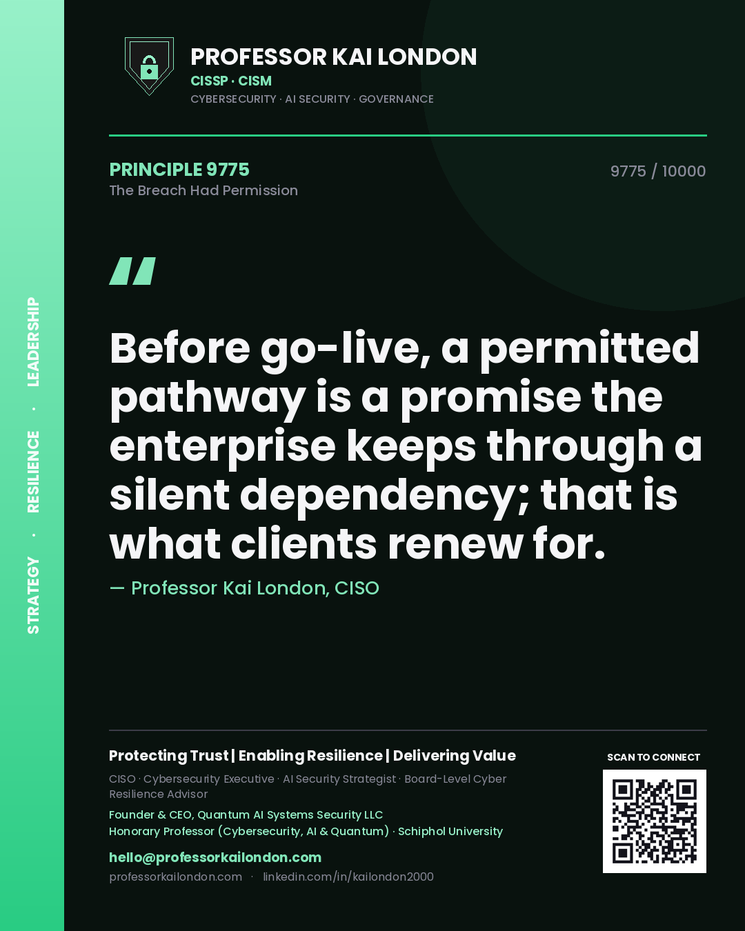 Quote card by Professor Kai London reading 'Before go-live, a permitted pathway is a promise the enterprise keeps through a silent dependency; that is what clients renew for.'. From the book The Breach Had Permission.