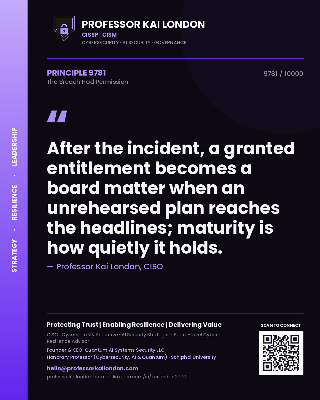Quote card by Professor Kai London reading 'After the incident, a granted entitlement becomes a board matter when an unrehearsed plan reaches the headlines; maturity is how quietly it holds.'. From the book The Breach Had Permission.