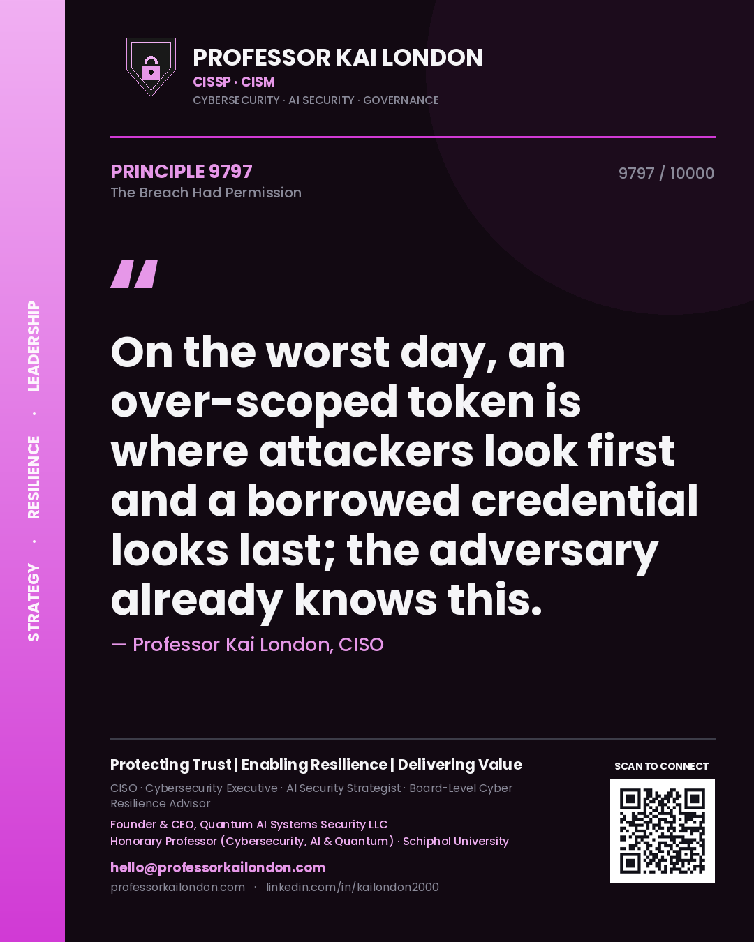 Professor Kai London principle 9797: On the worst day, an over-scoped token is where attackers look first and a borrowed credential looks last; the adversary already knows this.